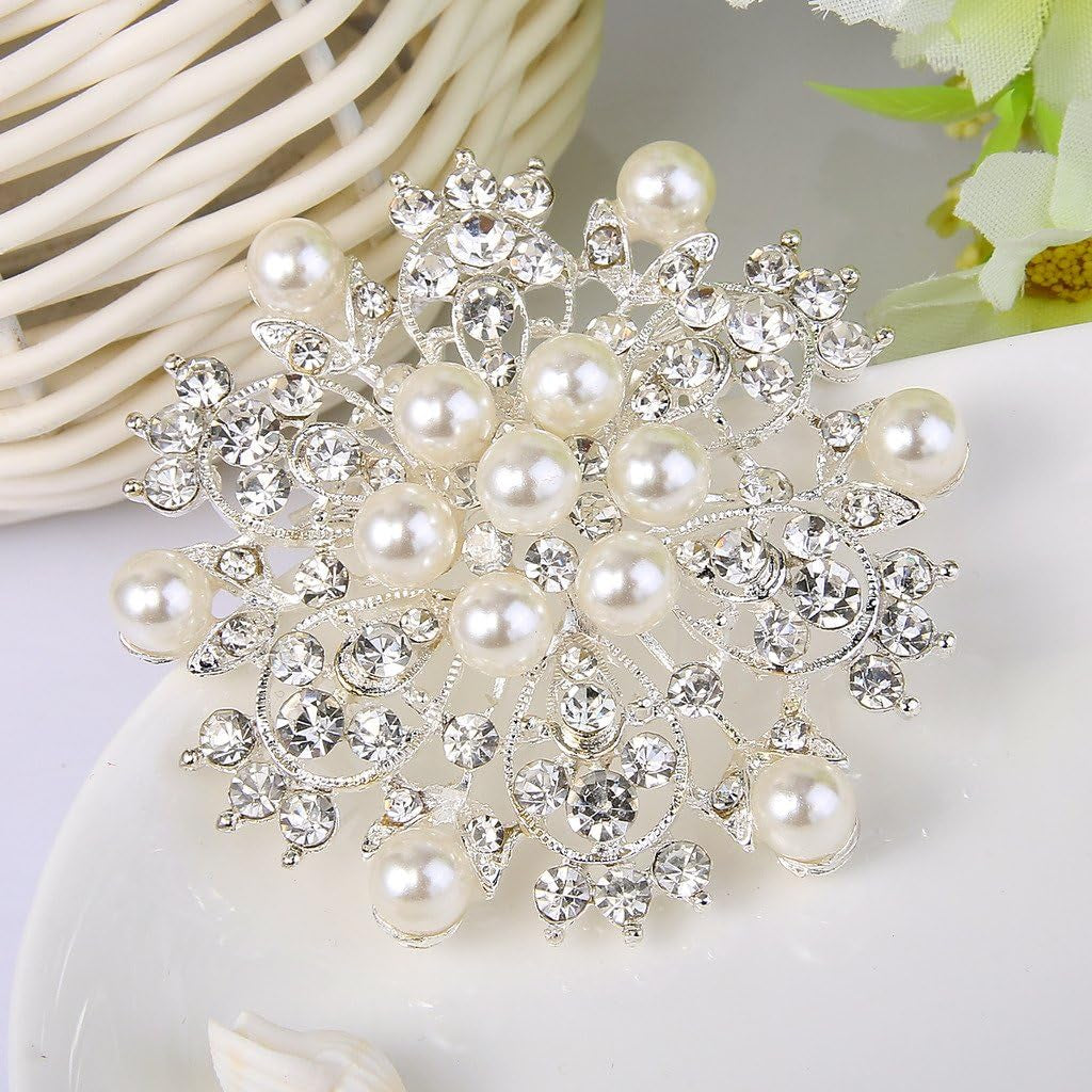 Women'S Wedding Corsage Clear Crystal Simulated Pearl Elegant Flower Leaf Brooch for Women, Bride