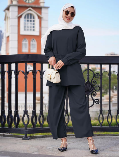Women'S Muslim Long Sleeve Loose Top Pants 2 Pcs Dubai Islamic Muslim Clothes