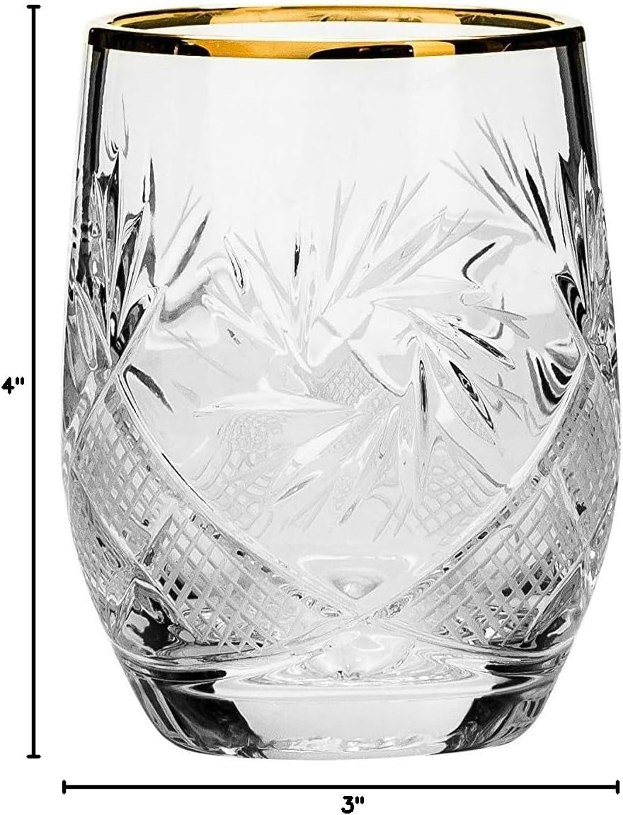 Elegant and Modern Russian Cut Crystal Beverage Glass, Barware for Scotch, Bourbon, Liquor and Cocktail - 8 Oz Beverage Glass Gold Rim, Set of 6