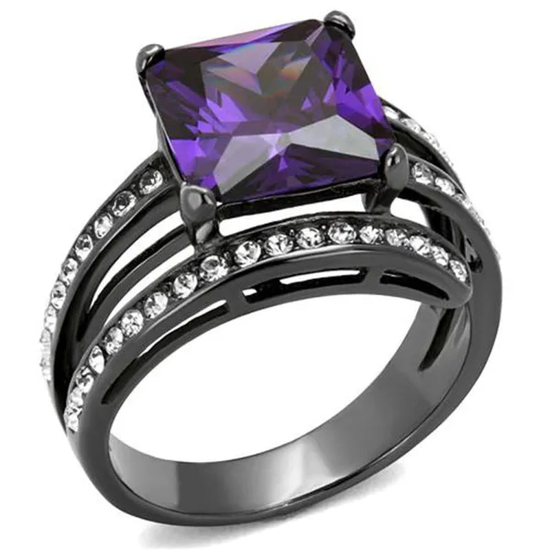 Women's Stainless Steel 316 Rose Gold Princess Cut Champagne or Gray & Amethyst Zirconia Cocktail Ring Size 5-10