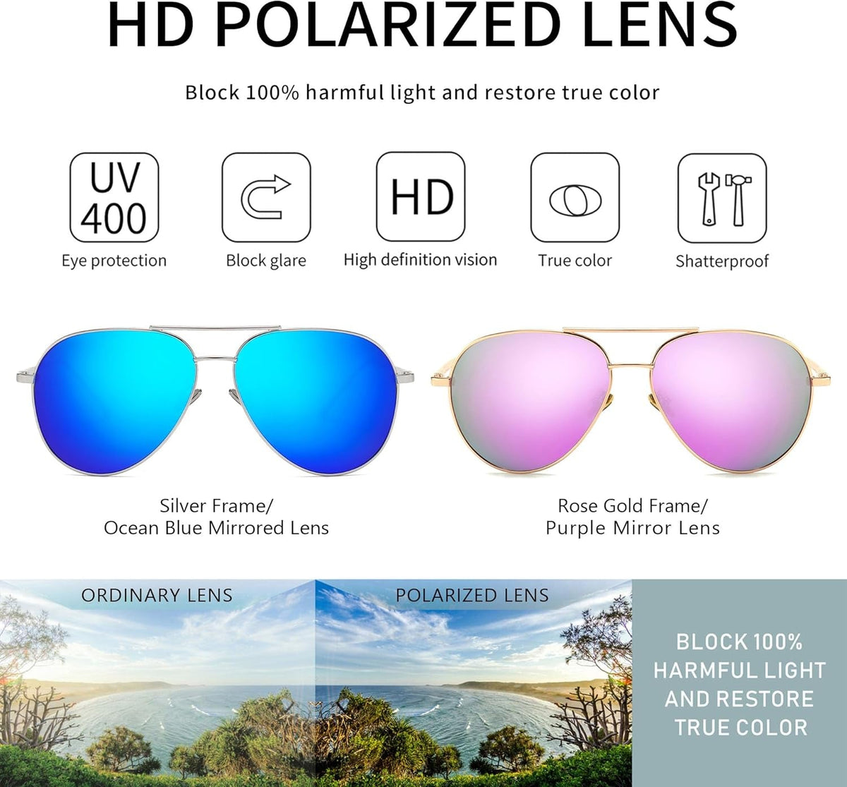 Women'S Lightweight Oversized Aviator Sunglasses - Mirrored Polarized Lens