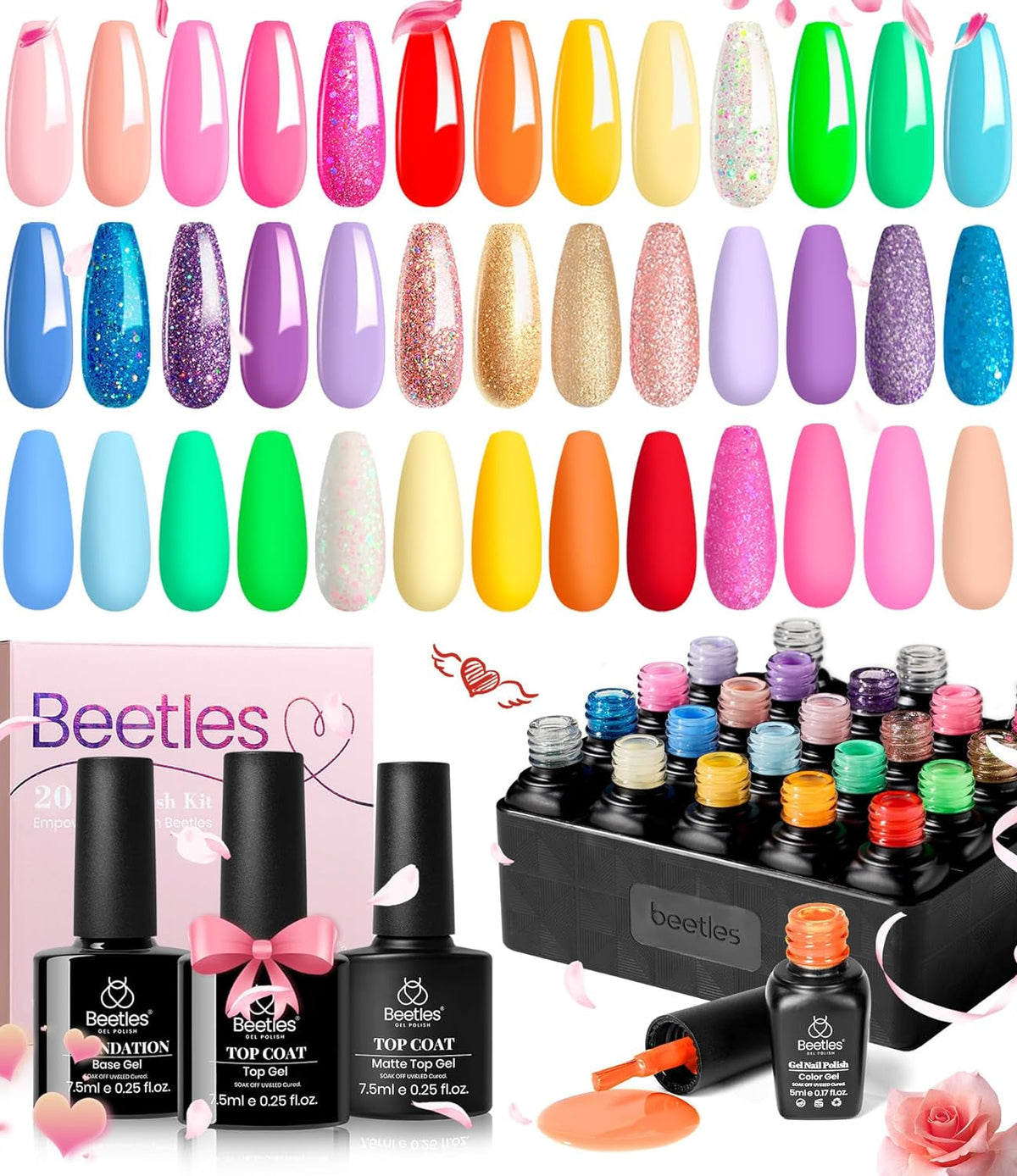 Beetles 23Pcs Gel Nail Polish Kit with Glossy Matte Top Coat and Base Coat Girls Night Collection White Nude Gray Glitters Gel Nail Polish Set U V Soak Off Holiday Manicure for Women Girls