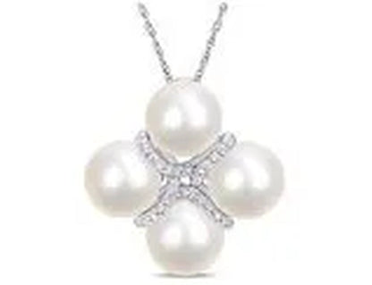 8-8.5mm Freshwater Cultured Pearl and Diamond 1/7 Carat (ctw) Crossover Pendant Necklace in 10K White Gold with Chain