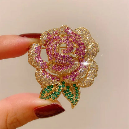 French Retro High-End Full Diamond Gradient Rose Gold Zircon Rose Flower Brooch Suit Pin Clothes Accessories