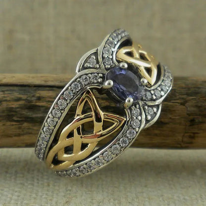 Vintage Women's Fashion Two Tone  Silver & Gold Red Ruby & Blue Sapphire Celtic Ring Anniversary Gift Engagement Bridal Wedding Jewelry Rings Size 5-10