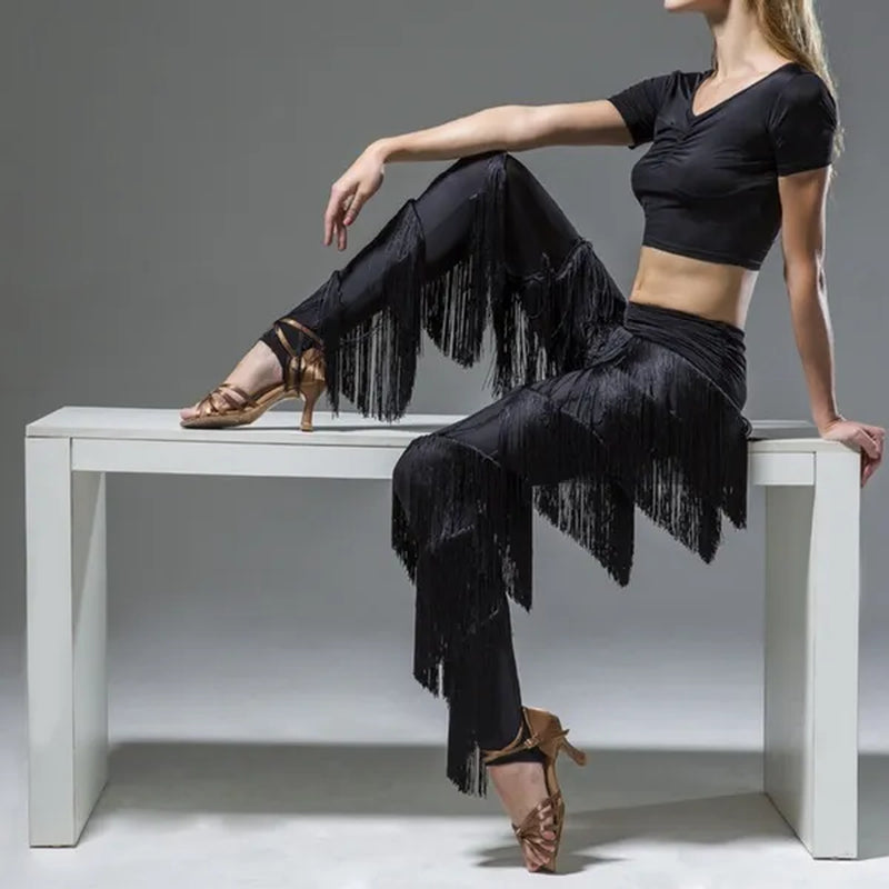 Womens Adult Dancewear Latin Rumba Cha Cha Samba Belly Dance Tassel Fringe Pants Trousers Black