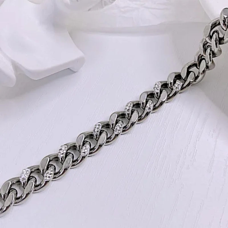 8.5mm Wide Adjustable Curb Link Chain Bracelet Inlay Delicate Cubic Zirconia CZ Stone For Women Girls Titanium Steel Chunky Cuban Curb Chain Bracelets Bangle Lady Jewelry Silver / Gold