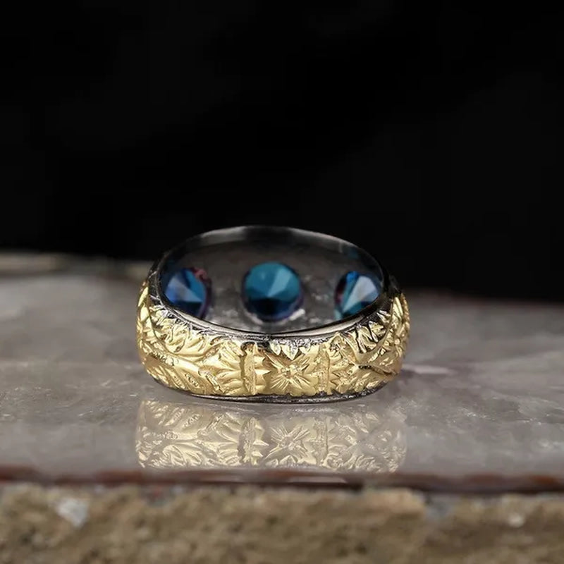 925 Sterling Silver Mens Ring With Blue Zircon Stone Pen Workmanship Rodaj Coated Fine Jewelry Fashion Rings For Men Gift For Him