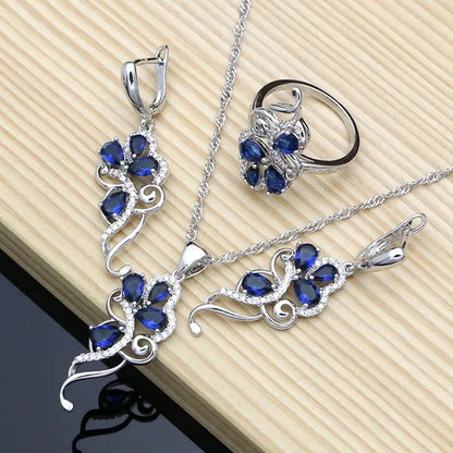 Blue Sapphire Silver 925 Jewelry Set White Topaz Charm for Women Stones Leaves Earrings Rings Bracelet Necklace Set