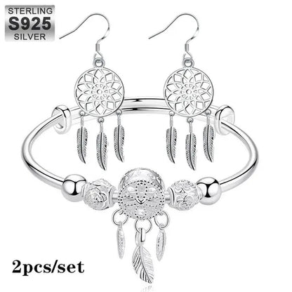 NEW 925 Sterling Silver Dreamcatcher Tassel Feather Round Bead Charm Bracelet & Bangle Earrings for Women Elegant Jewelry Set Gifts