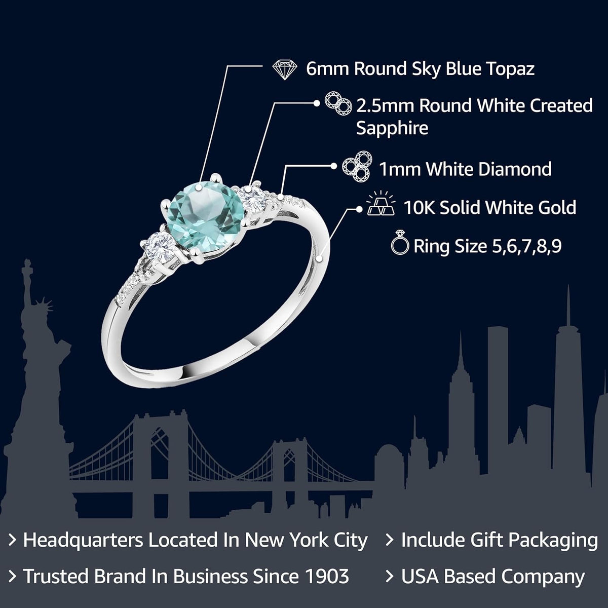 10K White Gold 6MM round Gemstone Birthstone White Created Sapphire & White Diamond Accent 3-Stone Engagement Ring | Three-Stone Wedding Anniversary Promise Ring for Women