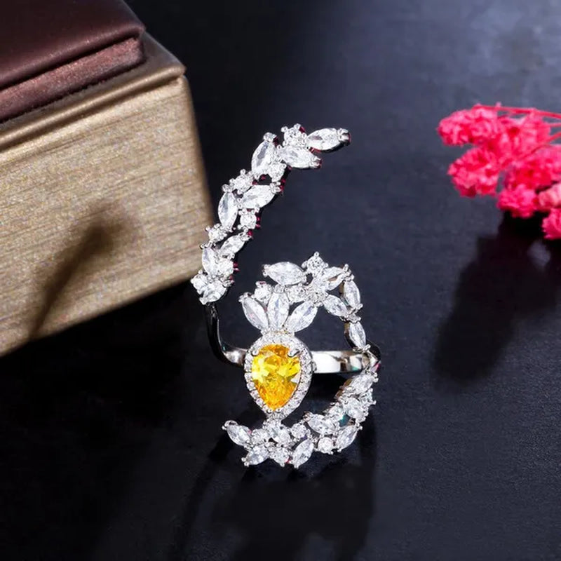 CANDICE Designer Women Wedding Band Finger Jewelry Luxury White Gold Plated Inlaid Shiny AAA Zirconia with Yellow Waterdrop Stone Opening Adjustable Ring for Bride