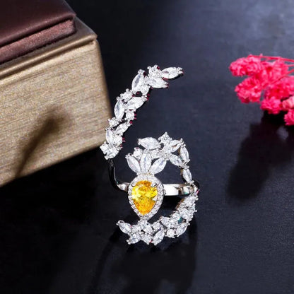 CANDICE Designer Women Wedding Band Finger Jewelry Luxury White Gold Plated Inlaid Shiny AAA Zirconia with Yellow Waterdrop Stone Opening Adjustable Ring for Bride