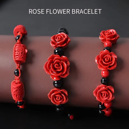 1/3pcs Fashion Women Rose Bracelet Ethnic Handicraft Lacquer Carved Cinnabar Rose Flower Bracelet For Women Red Rope Beaded Bracelet