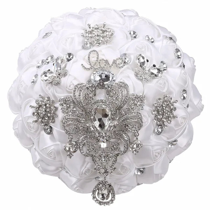 21CM Shiny Silver Rhinestone Brooch Bridal Bouquet Handmade Silk Rose Ribbon Diamond Wedding Flower Bouquet Bridesmaid Holding Flowers