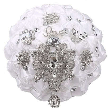 21CM Shiny Silver Rhinestone Brooch Bridal Bouquet Handmade Silk Rose Ribbon Diamond Wedding Flower Bouquet Bridesmaid Holding Flowers