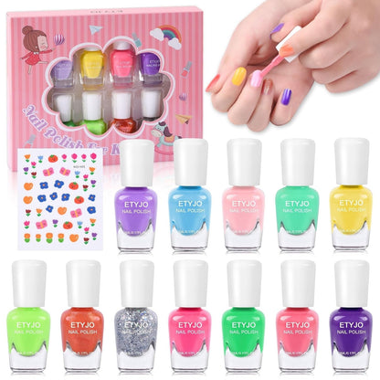 12 Rainbow Colors Peel-Off Kids Washable Quick Dry Girls Nail Polish Kit for Kids Teen Little GirlsToddler Ages 3-12