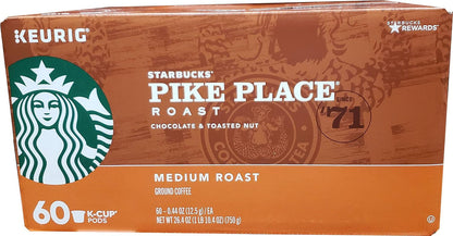 K-Cup Coffee Pods, Medium Roast Coffee, Pike Place Roast for Keurig Brewers, 100% Arabica, 6 boxes (60 pods total)