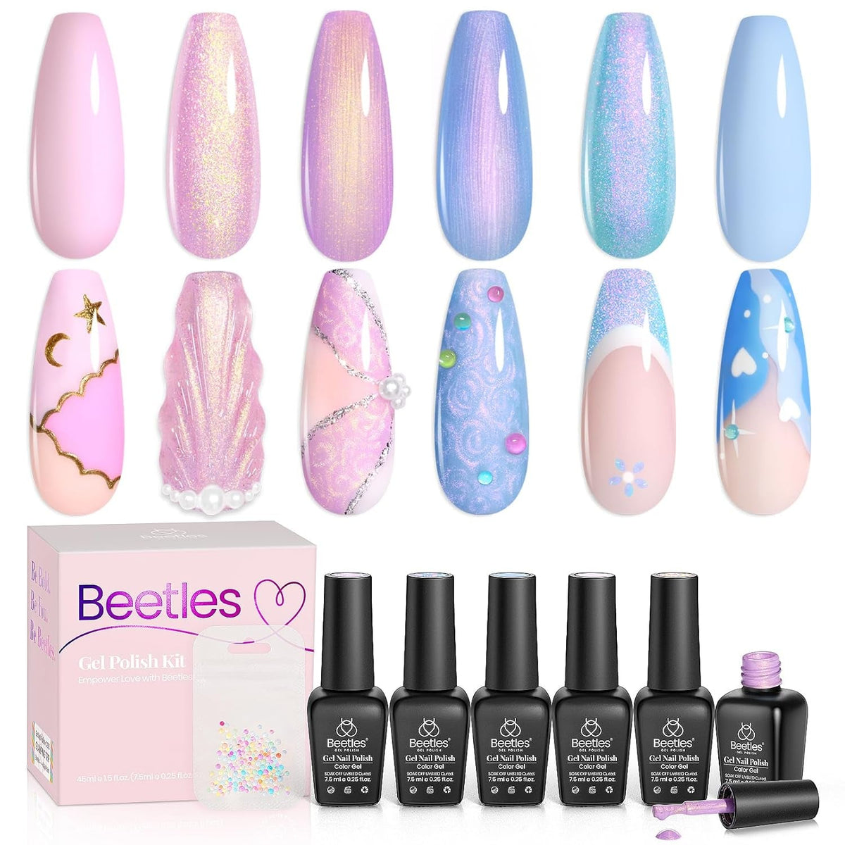 Beetles Pearl Gel Nail Polish 6 Colors Shimmer Glitter White Pink Blue Nail Polish Mermaid Gel Soak Off Uv Led Spring Summer Easter Gel Polish Swirl Thread Effect DIY Manicure Art