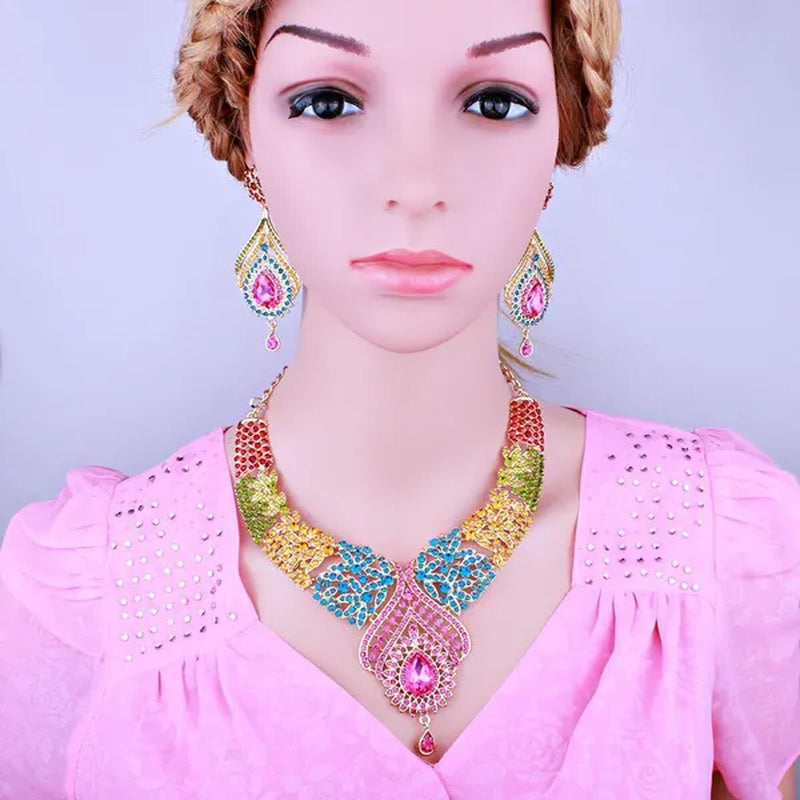 Luxury Women's Elegant Austrian Crystal Statement Necklace Earrings Bridal Party Jewelry Set For Wedding Dress
