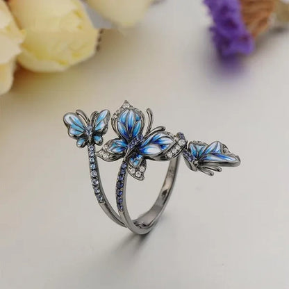 Exquisite 925 Sterling Silver Jewelry Rings for Women Female 3 Butterfly Animal Ring Temperament Blue Sapphire Zircon Inlay Ring Gun Black Ring Engagement & Wedding Band Ring Size 6-10