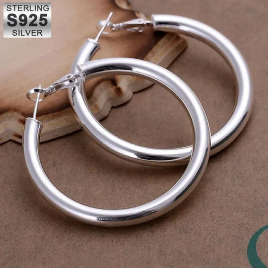 925 Sterling Silver Earrings Fashion Pretty Fashion Women Party 5CM Round Earring Jewelry Big Circle Lady Wedding