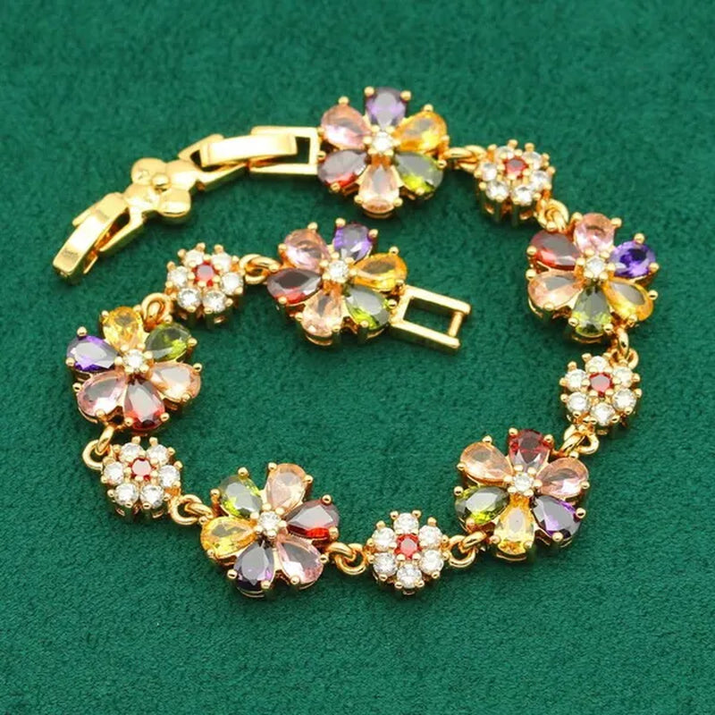 Classic Gold Color Jewelry Sets for Women Wedding Multi Color Zircon Bracelet Earrings Necklace Pendant Ring 4PCS