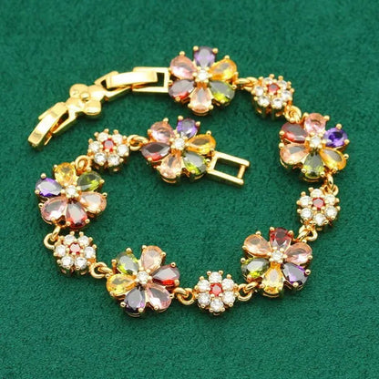 Classic Gold Color Jewelry Sets for Women Wedding Multi Color Zircon Bracelet Earrings Necklace Pendant Ring 4PCS