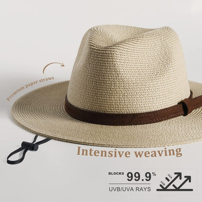 Womens Mens Wide Brim Straw Panama Hat Fedora Summer Beach Sun Hat UPF Straw Hat for Women