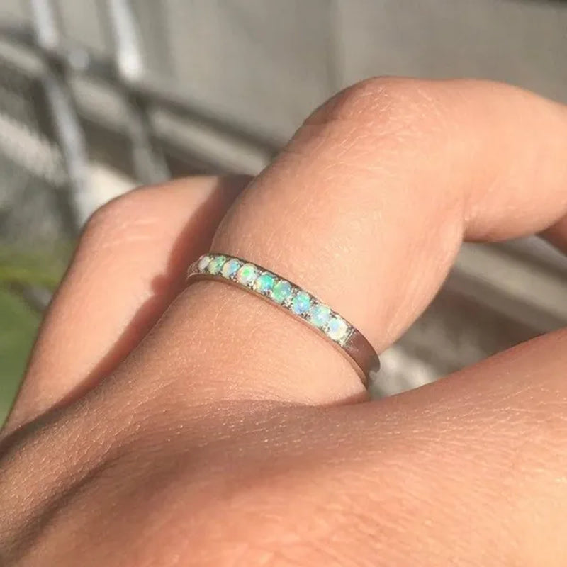 Women's Fashion Exquisite 925 Sterling Silver Natural White Opal Eternity Diamond Ring Elegant Female Birthday Party Jewelry Romantic Princess Proposal Engagement Anniversary Gift Stackable Rings for Women Bride Wedding Band Size 4-12 Bague Femme