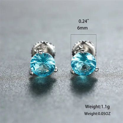 8MM 925 Silver/14K Gold/Rose Gold Round Cut Light Aqua Blue Aquamarine Stud Earrings Round Lab Diamond Screwback Stud Earrings