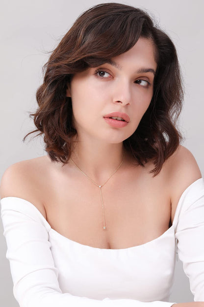 Handmade Sterling Silver Lariat Necklace, Simulated Diamond 18K Gold Plated Dainty Drop Y Chain Necklace for Women (Gold)