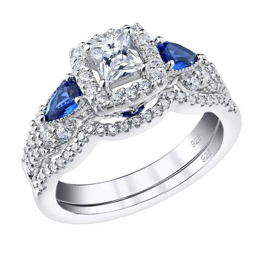 Newshe Wedding Ring Sets For Women Princess Pear Blue Sapphire Engagement Rings Bridal Jewelry 925 Sterling Silver Sz 5-12