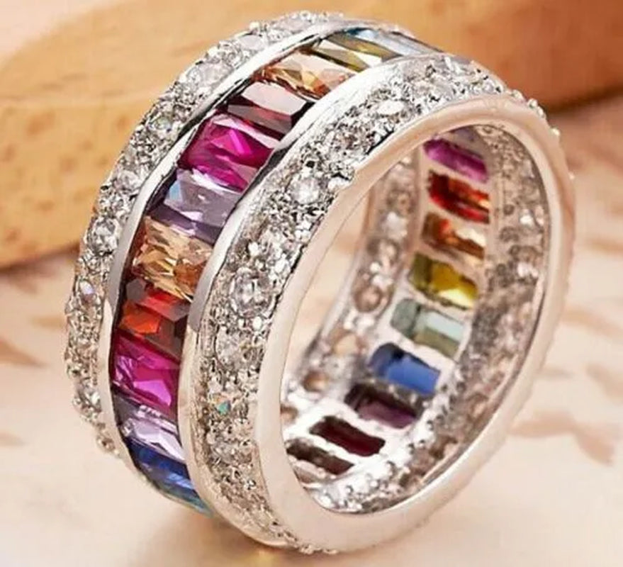 Splendid 925 Sterling Silver Natural Gemstone Multicolor Sapphire Diamond Eternity Stackable Ring Wedding Birthstone Engagement Bridal Women Brand Jewelry
