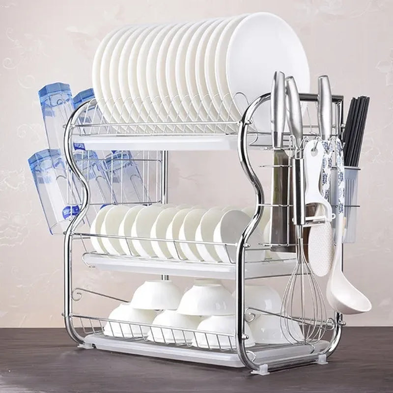 Dish Drying Rack 3-Tier Dish Drainer Rack Kitchen Storage with Drainboard and Cutlery Cup Dish Shelf Tableware Holder