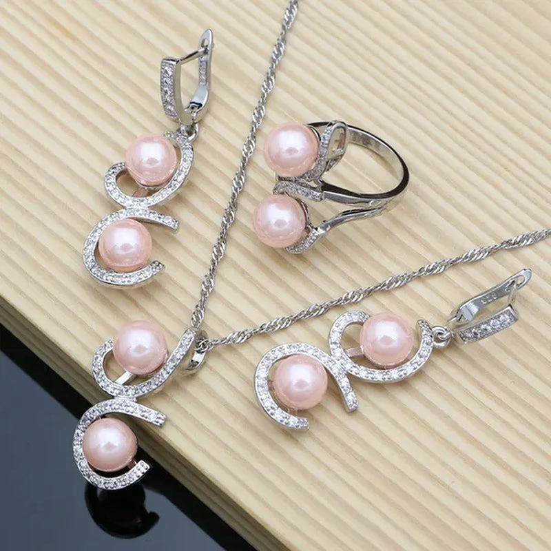 Luxury Silver 925 Jewelry Sets for Women Shiny Pink Pearl Bracelet Topaz Earrings Ring Necklace Sets Gift for Her Dropshipping