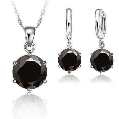 Woman 925 Sterling Silver 8MM Jewelry Sets Cubic Zircon Crystal Lever Back Earrings Pendant Wedding Necklace Nice Gifts 8MM Stone