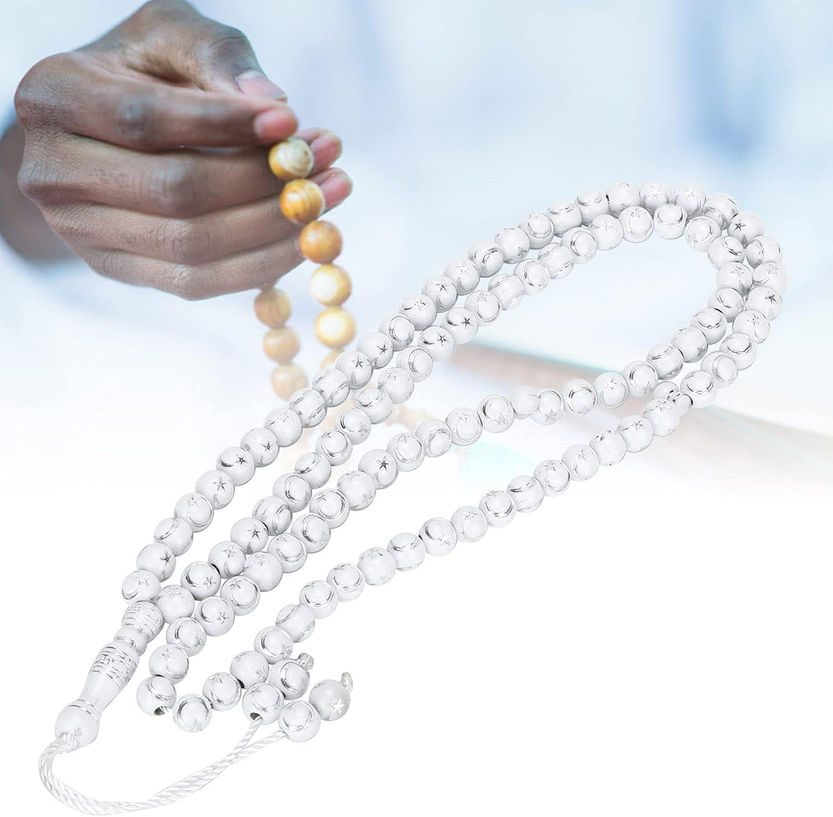 Islamic Prayer Beads, Muslim Rosary Beads 99 Grains Resin Gilding Religious Article Islam Prayer Rosary Beads Islamic Necklaces (White)