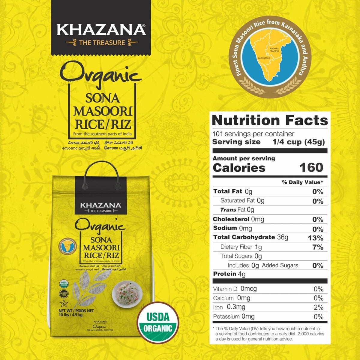 Organic Sona Masoori Rice by  in 10 Lb Bag - Aromatic and Flavorful Indian Grain - Non-Gmo, Gluten Free, Kosher, Cholesterol Free