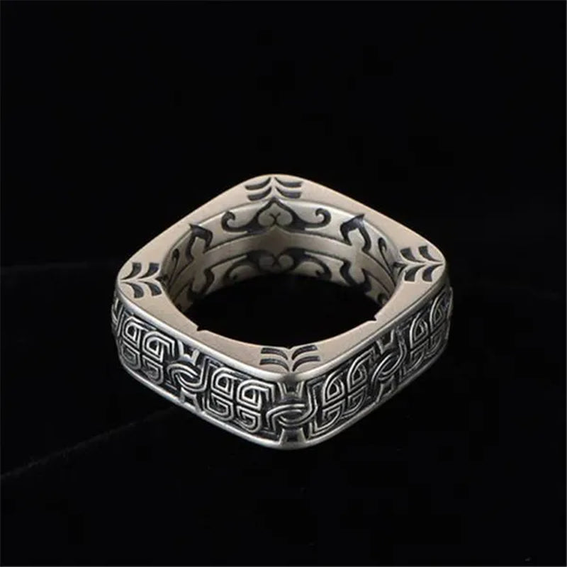 Vintage Carved Pattern 925 Silver Square Rings for Mens Punk Rings Silver Jewelry