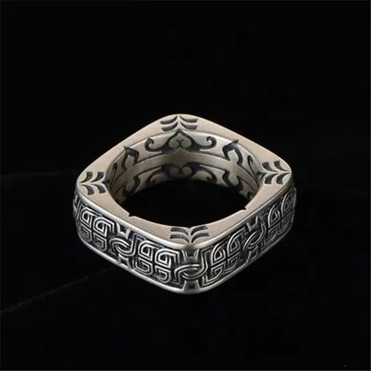 Vintage Carved Pattern 925 Silver Square Rings for Mens Punk Rings Silver Jewelry