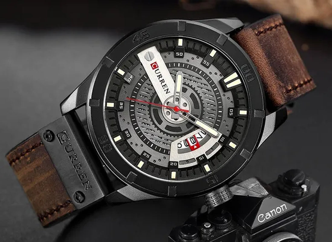 CURREN Men Watch Army Military Sports Watches Black Case Leather Strap Waterproof Date Function