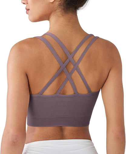 Cross Back Sports Bra for Women Padded Strappy Yoga Bra Medium Support Workout Bra for Athletic Gym Fitness 3 Pack