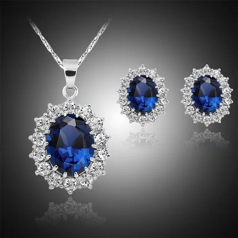 Fashion Silver Filled Blue Sapphire Crystal Christmas Jewelry Sets Snowflake Necklace Earrings