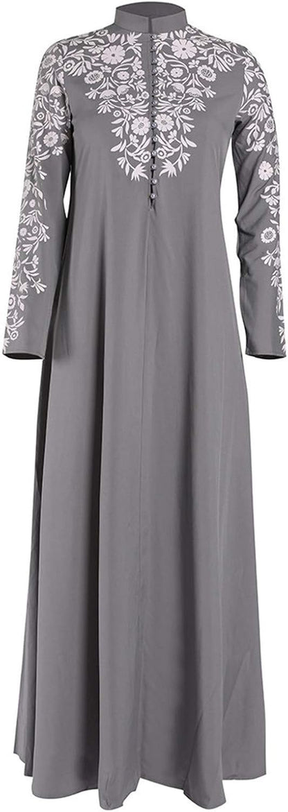 Abayas for Women Muslim Chiffon Prayer Robe Burkas for Women Muslim Dress Vintage Printed Full Length Islamic Abaya Set Long Sleeve Flowy Abaya Dubai Islam Robe African Turkey Caftan Grey 2X