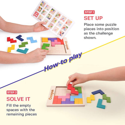 Wooden Puzzle Pattern Blocks Brain Teasers Game with 60 Challenges, 3D Russian Building Toy Wood Tangram Shape Jigsaw Puzzles Montessori STEM Educational Toys Gift for Kids Adults