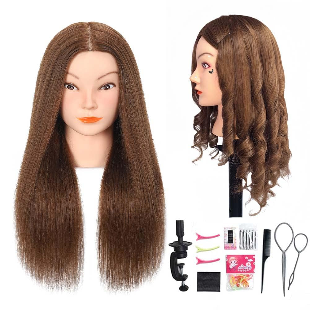 Mannequin Head with 100% Real Human Hair Cosmetology Mannequin Head to Practice Hairstyles Doll Head Training Head for Hairdresser (Brown)