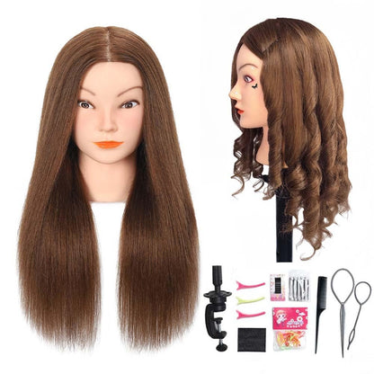 Mannequin Head with 100% Real Human Hair Cosmetology Mannequin Head to Practice Hairstyles Doll Head Training Head for Hairdresser (Brown)