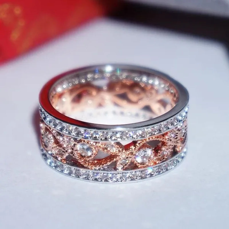 Rose Gold Plated Shiny CZ Flowers Wedding Band White Gold Plated Cubic Zirconia Promise Rings Eternity Jewelry for Women Party Black Friday Deals Fashion Gifts Size 6-9 Christmas & Valentine's Day Jewelry Gifts Vendredi Noir Bijoux