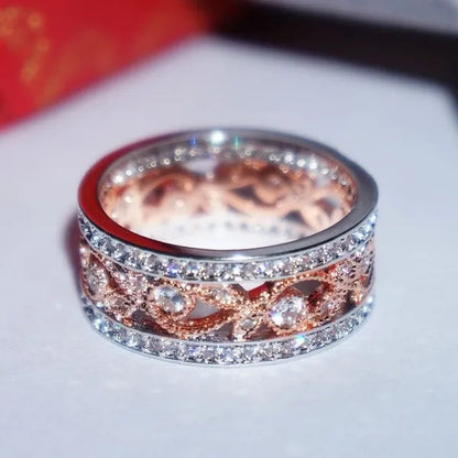 Rose Gold Plated Shiny CZ Flowers Wedding Band White Gold Plated Cubic Zirconia Promise Rings Eternity Jewelry for Women Party Black Friday Deals Fashion Gifts Size 6-9 Christmas & Valentine's Day Jewelry Gifts Vendredi Noir Bijoux